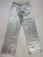 Zara High Rise Wide Leg Denim Jeans Women Size 6 Metal Silver 5520 204 250