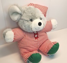 Vtg Christmas Gray Mouse Lovable Holiday Pinstripes Back Flap Pajamas Nightcap