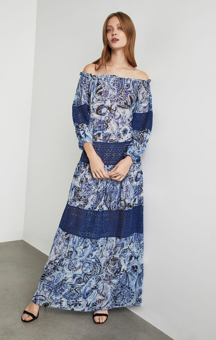 NWT BCBG MAX AZRIA $468 OFF THE SHOULDER LACE TRIM SILK