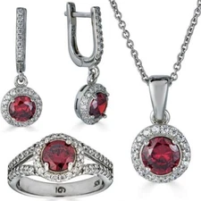 Real 925 Silver Red Ruby & Simulated Diamond Ring Pendant Necklace & Earring Set