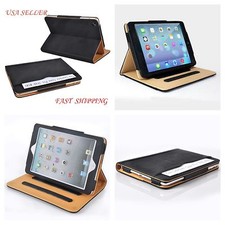 IPAD MINI 1/2 BLACK  TAN SUEDE STAND SMART MAGNETIC LEATHER CASE SLEEP WAKE