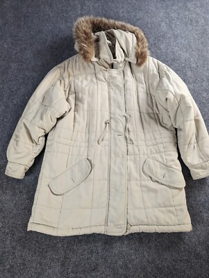 Larry Levine Coat Puffer Beige DOWN FILLED w/ RACCOON FUR
