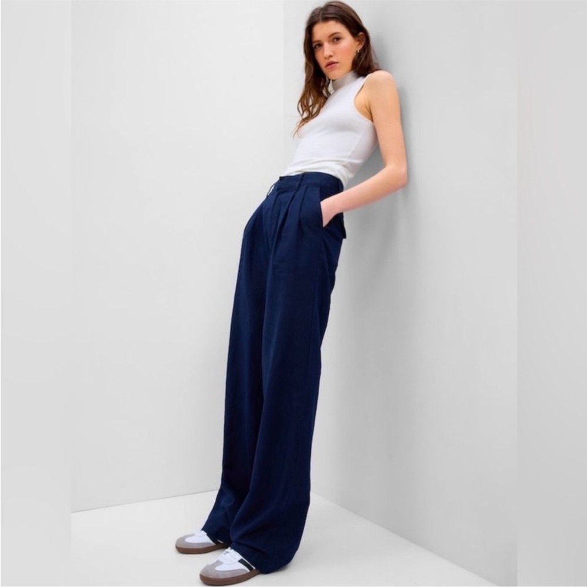 NWT! GAP Uniform Navy High Rise Linen-Cotton Pleated Wide Leg