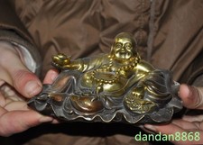 4.8"old China Buddhism Temple Bronze Wealth yuanbao Maitreya Buddha Statue