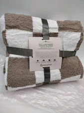 Cozy Soft & Stretchy Knitted Checkered Throw Blanket in Taupe Brown/White
