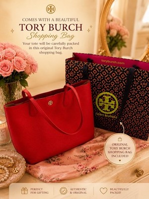 Authentic Tory Burch Large Red Pebbled Leather Tote Bag EUC + Shopping Bag