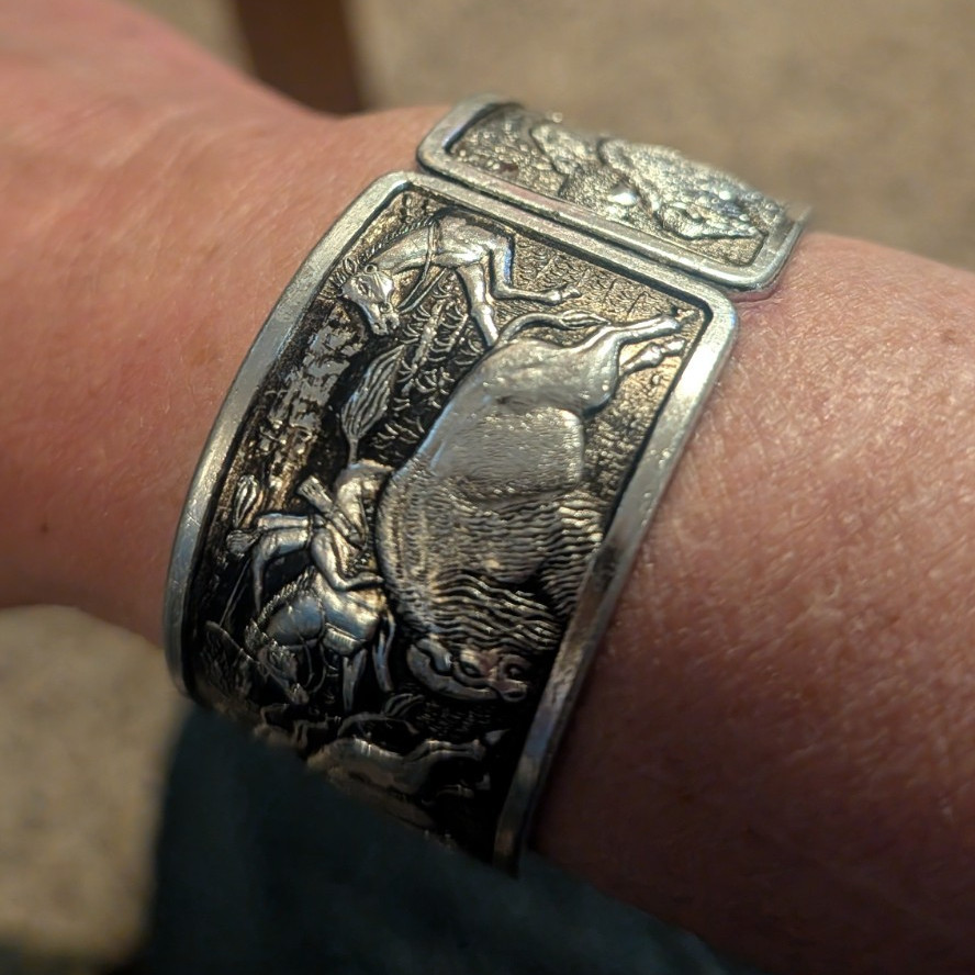 Vintage Silver Tone Hinged Cuff Bracelet Engraved… - image 1