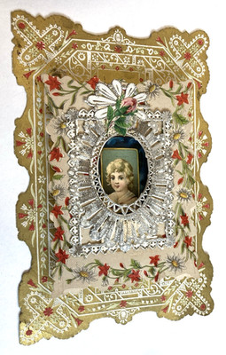 Antique Victorian Valentine Greeting Card Pop-Up Silver Gilt Lace Floral Litho