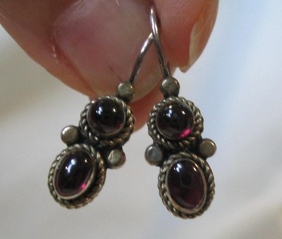 LOVELY VINTAGE STERLING SILVER WITH RHODOLITE GARNET~ PIERCED HOOK EARRINGS