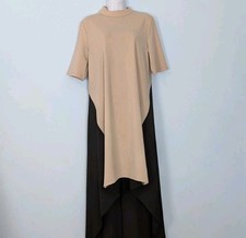Shein Color Block High Low Hem Dress Black Beige Short Sleeve Women's Large ?