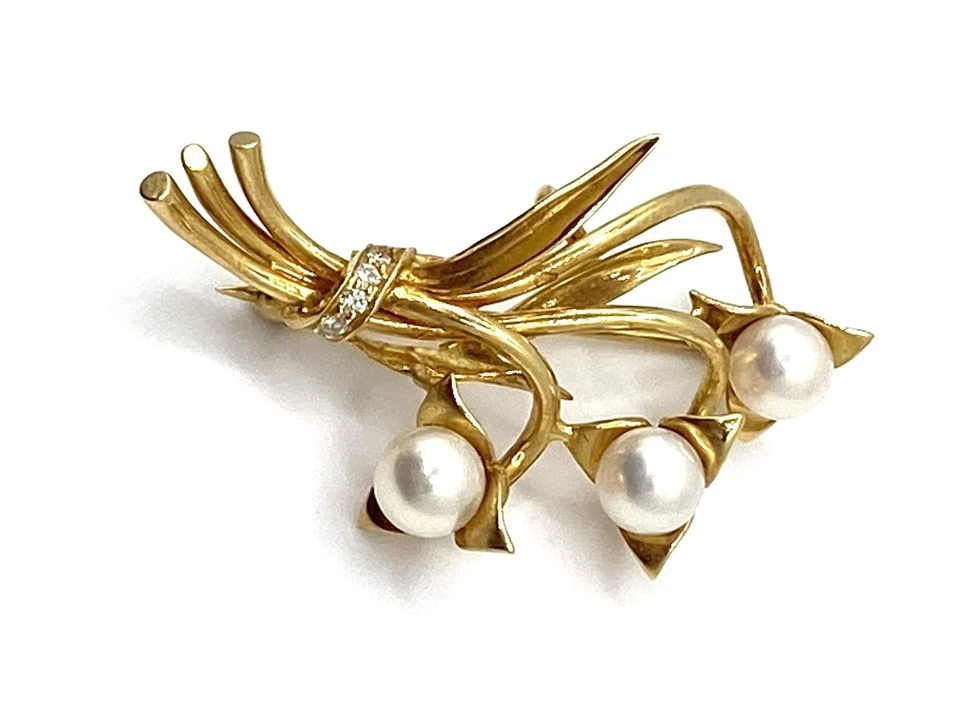 Broche de diamantes TIFFANY & Co. perlas Akoya de 5,6 mm oro amarillo de 18 quilates / 750 Foto 3 de 4