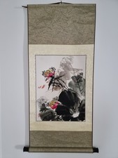Chinese Watercolour painting water lily & Chinese calligraphy on paper Scroll
