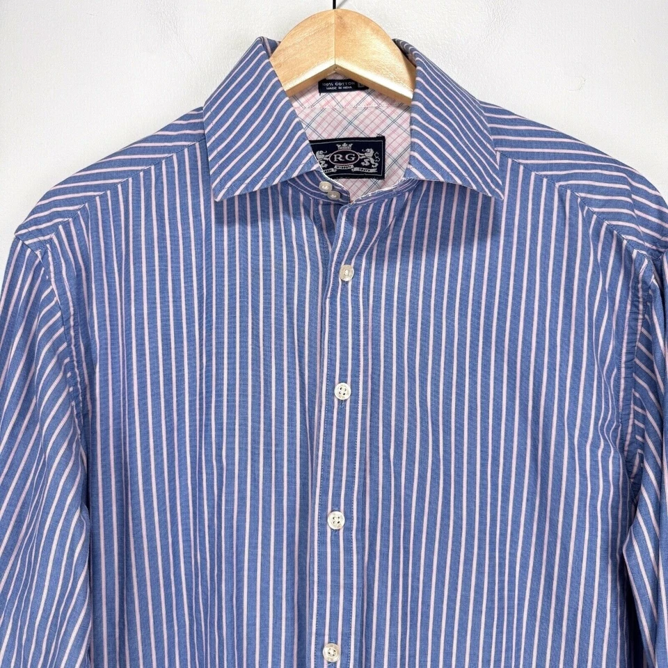 Camisa de Vestir Robert Graham Puño Francés Hombres Grande Azul Rosa Rayas R&G Algodón Foto 2 de 4