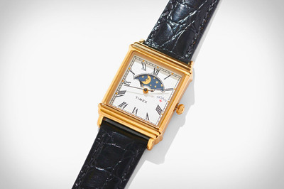 Timex x Noah Moon Phase Rectangular Gold-Tone Watch White Dial Black Leather