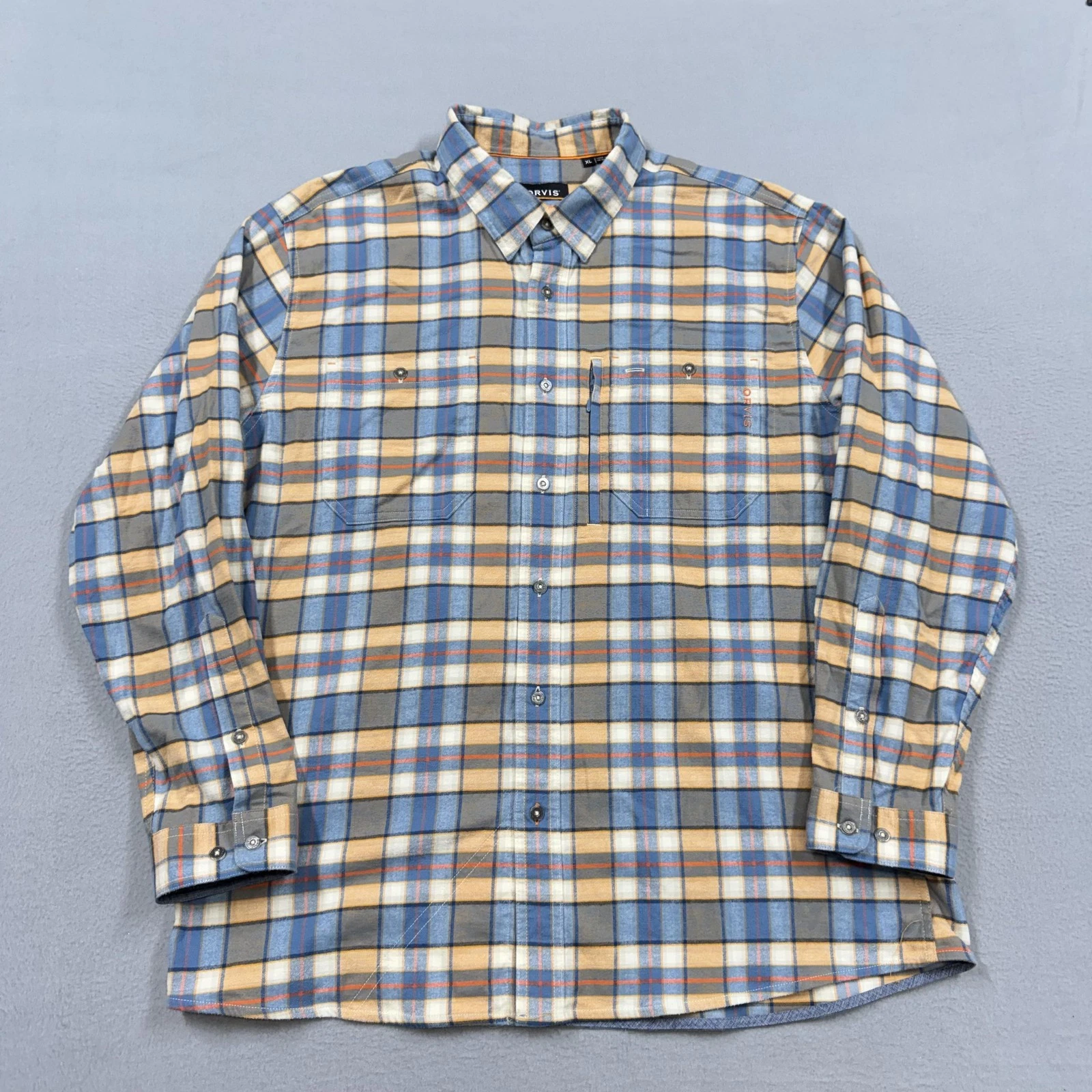 Orvis Shirt Mens XL Blue Plaid Long Sleeve Flannel Button Pockets Casual Outdoor