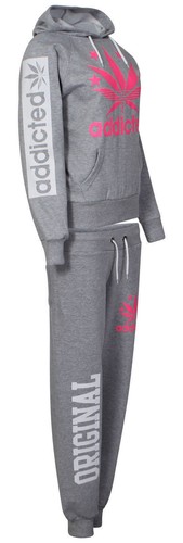 New Women's Ladies ADDICTED Jogging Bottoms Hooded Sweatshirt Track Suit UK 8-14 - Picture 6 of 14