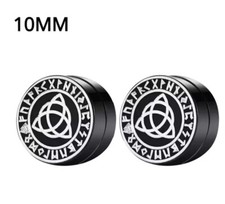 10 mm Black Stainless Steel Round Triquetra Magnetic Stud Earrings pair 