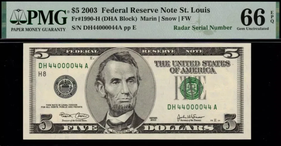 2003A $5 Federal Reserve Note PMG 66EPQ - Birthday -Radar Serial Number 44000044 - Image 2 of 3