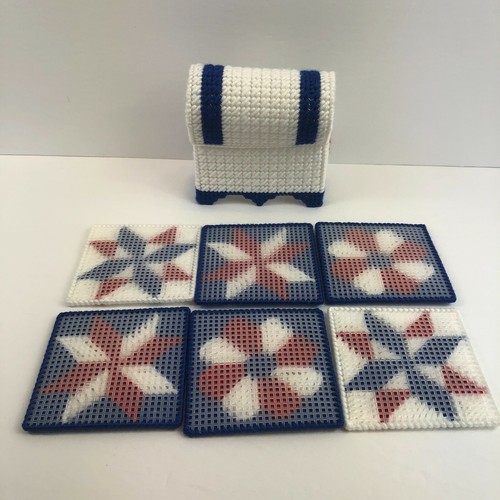 Handmade Coasters Plastic Canvas Needlepoint Americana 4 July With Chest Holder - Picture 12 of 13