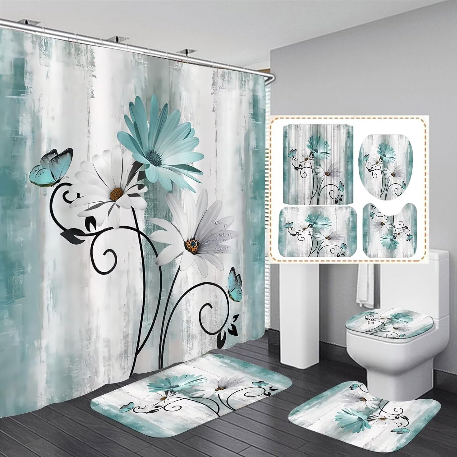 Rustic Farmhouse Shower Curtain Set 4Pcs Farm Teal Daisy Floral Bathroom Decor S