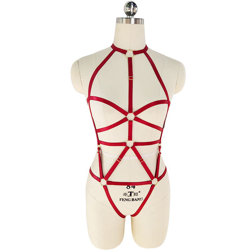 Red Womens Bondage Lingerie Set with Bralette, Harness & Thigh Garter