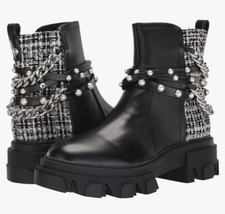 Nine West Cearlz Black Multi Zip Closure Chain Detailed Leather Ankle Boots 8M