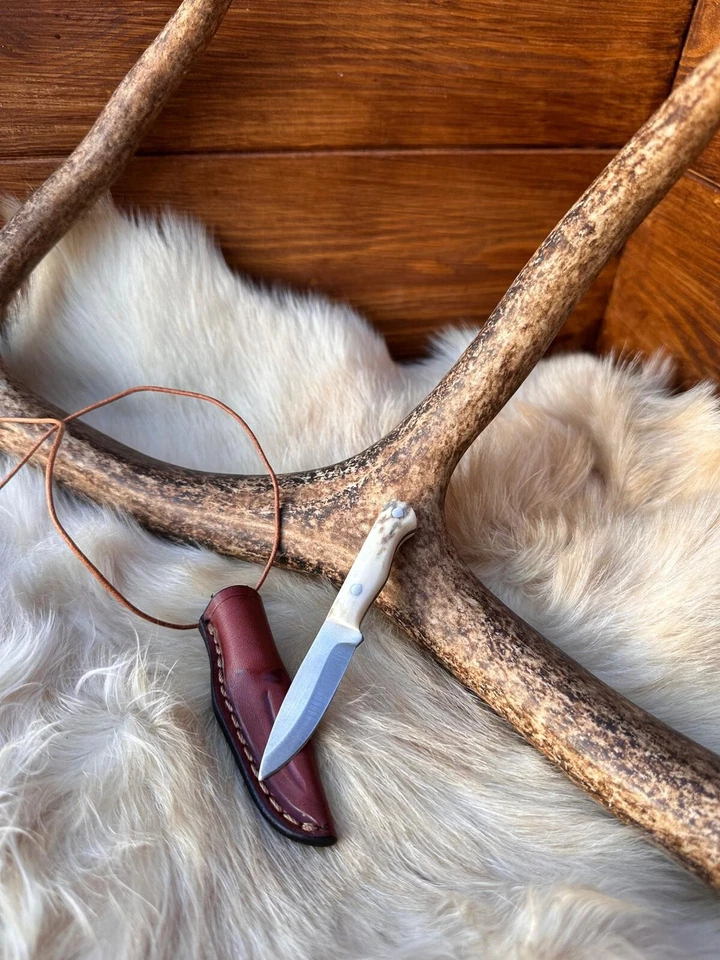 Cuchillo de cuello pequeño hecho a mano, cuchillo de hoja fija con mango de asta de ciervo, cuchillo EDC Foto 2 de 4