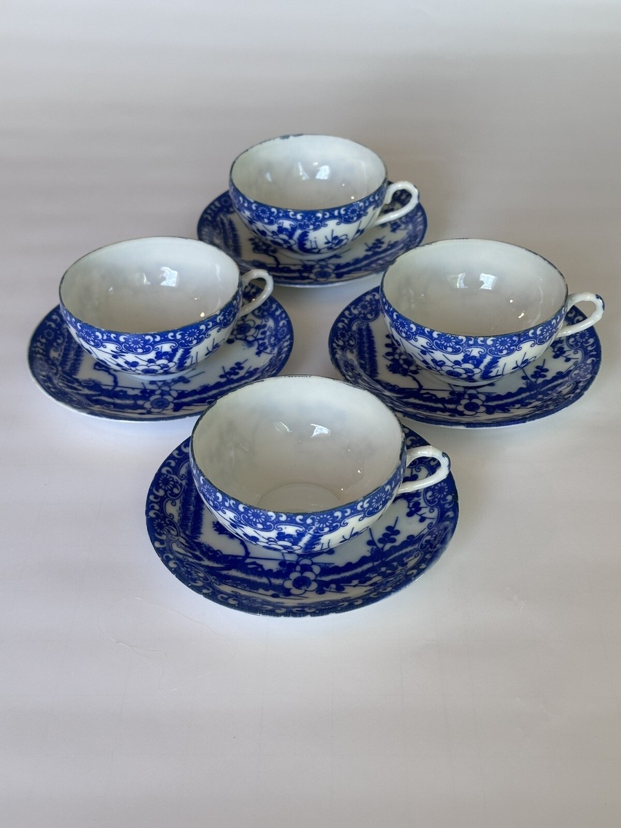 Set of 4 Japanese Blue & White Eggshell Porcelain Cherry Blossom