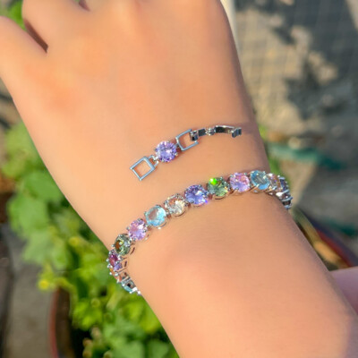 Silver Plated 6mm Rainbow Round Cubic Zircon Tennis Bracelet Women Party Jewelry