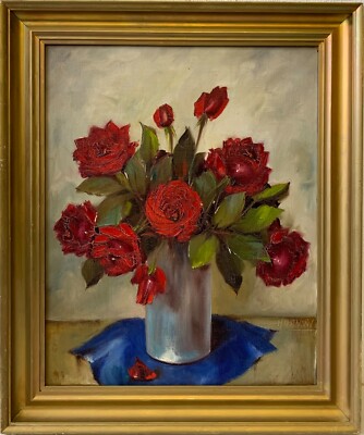Oil Painting Impressionist Hansen Still Life Vase with Red Roses and Picture Frame