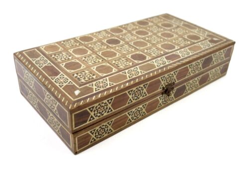 Tableau de jeu vintage pliant échecs backgammon vintage khatam incrusté bois marqueterie - Photo 1 sur 11