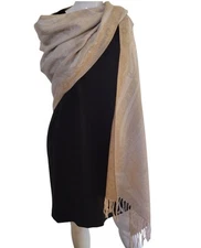 pashmina scarf wrap shawl Beige Paisley Textured Elegant Fringe Casual 74x23