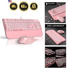Retro Pink Typewriter-Style Keyboard and Mouse Combo, Cute Light Up Wired Mec...