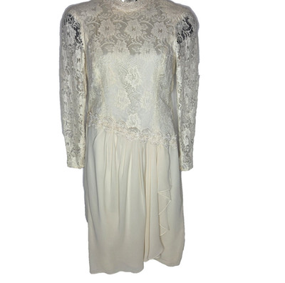 Neiman Marcus Vintage Wedding Dress Lace Ivory High Neck Size 12