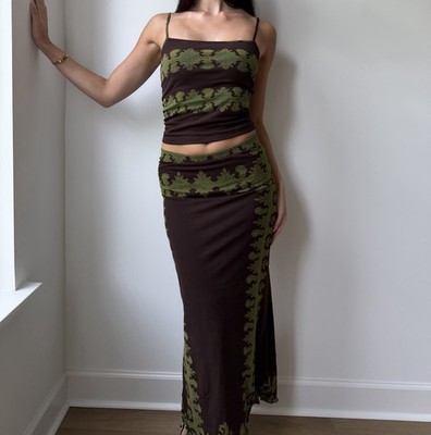 Legatte Save the Queen Brown Mesh Baroque Two-Piece Set Maxi Skirt Y2K Small