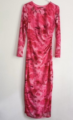 PRETTYGARDEN Women's Pink Floral Long Sleeve Ruched Bodycon Maxi Dress M