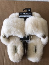 WOMEN'S NATURAL/OFF WHITE FIRESIDE BY DEARFOAMS GENUINE SHEARLING SLIPPERS 9 NWT