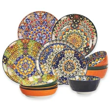 Mandala Dinnerware Sets, Plates and Bowls Set, Porcelain Dishes Service for 4...