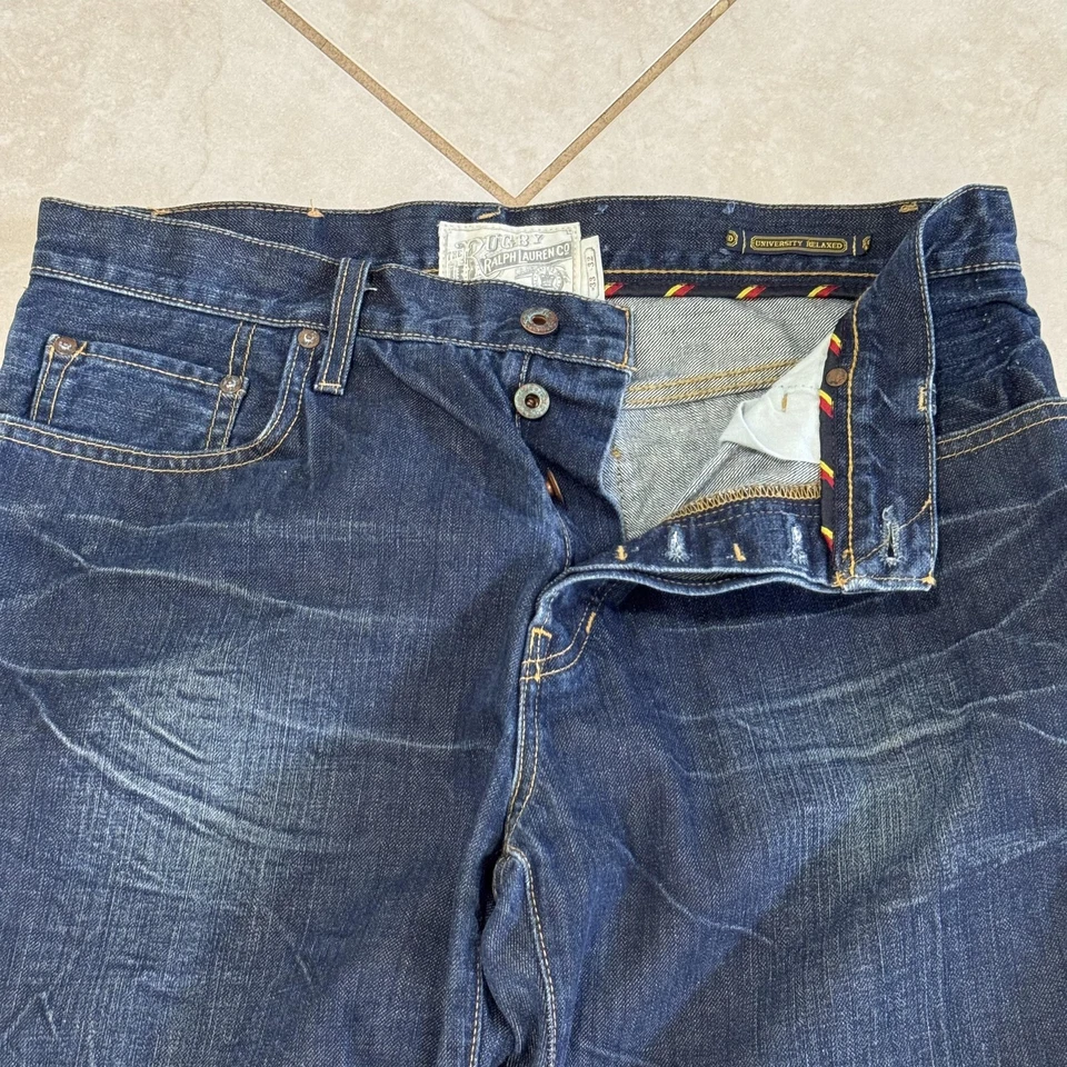 Pantalones de mezclilla Rugby Ralph Lauren para hombre 33x32 Universidad relajados botón mosca desgastados Foto 2 de 4