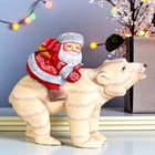 Santa Claus on Polar Bear Figurine – Solid Wood Hand Carved Holiday Decoration