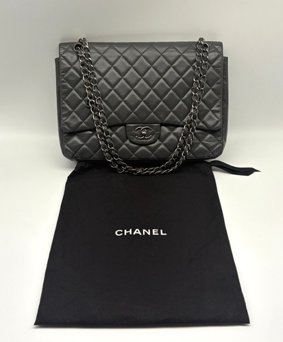 Authentic Chanel Classic Maxi Single Flap Bag Quilted Gray Lambskin Silver HW