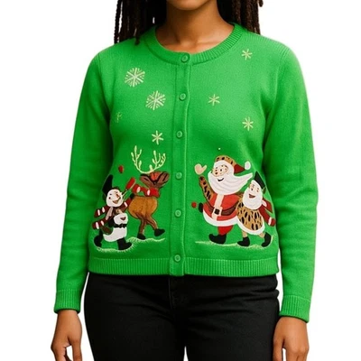Vintage Classic Elements Christmas Cardigan Sweater Women M Green Embellished - Image 1 of 4