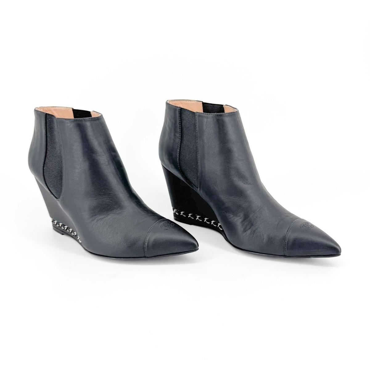 Chanel CC Black Leather Pointed Chain Wedge Ankle Boots