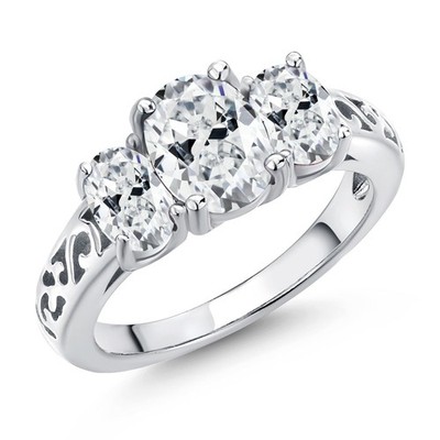 925 Sterling Silver 3-Stone Ring 8x6mm Set with Oval White Zirconia