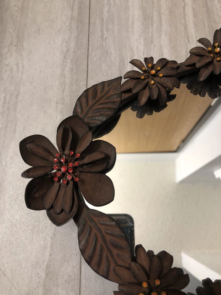 Pier 1 Metal Oval Wall Mirror Tray Flowers and Leaves Rustic/Primitive 10x18” - Image 3 of 4