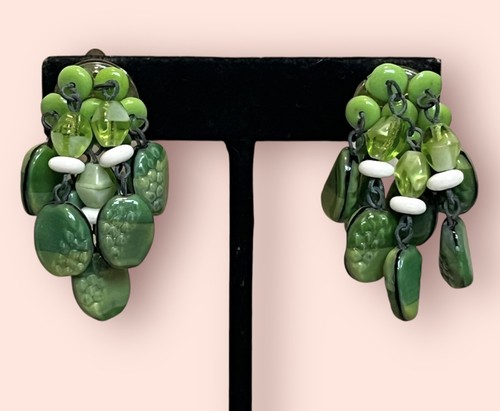 VTG West Germany Earrings Green Glass Beaded Clip On ChaCha Dangle Chandelier