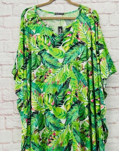 XL/1X/2X/3X New Green Palm Leaves Print Kaftan Knit Beach Cover Dress Nightgown