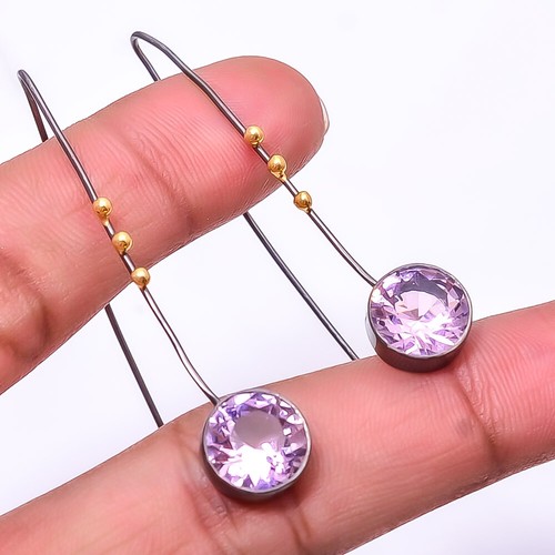 Pink Rose Quartz 925 Silver Black And Gold Rhodium Plated Earring 1.95