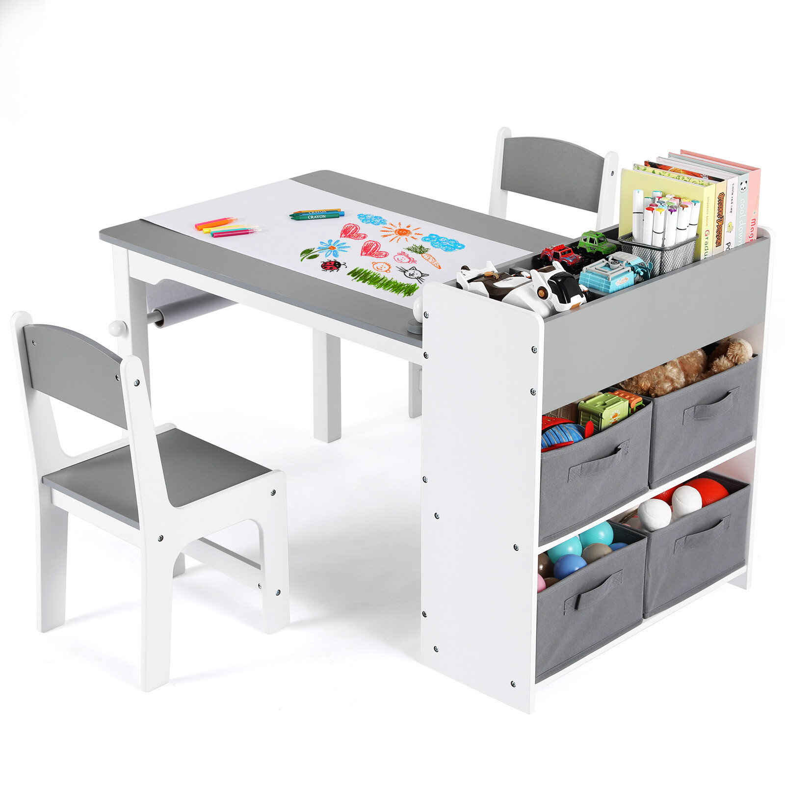 Kids Art Table with 2 Chairs Storage Bins and Paper Roll for Toddler Craft Play  