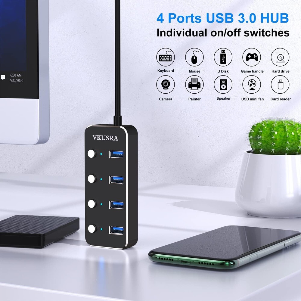 4-Port USB 3.0 Hub with 4ft Cable & LED Indicators